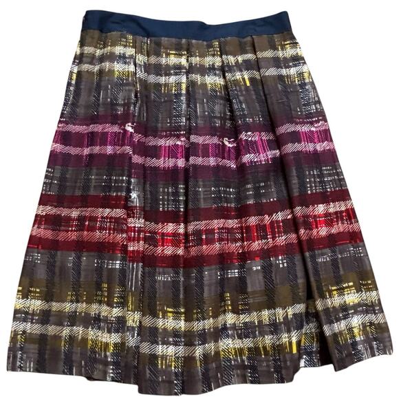 Trina Turk Silk A-Line Box Pleat Knee Length Silk Skirt Watercolor Plaid 4 NEW - Picture 5 of 6